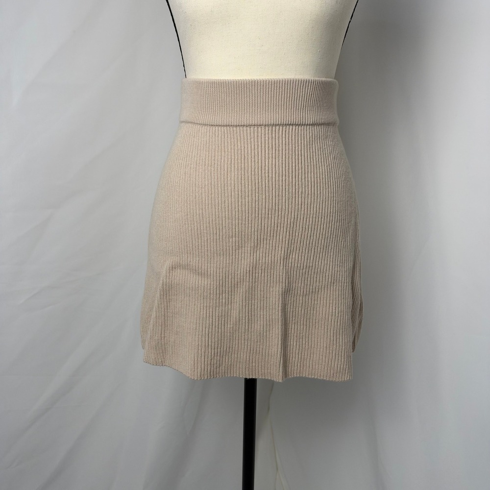 Sezane Naella Ribbed Knit Mini Skirt Women XS Beige Merino Wool Cotton Blend